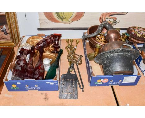 A quantity of ceramics, glass and metalware, including a copper pot still, fire tools, brass candlesticks, pair of gilded pla