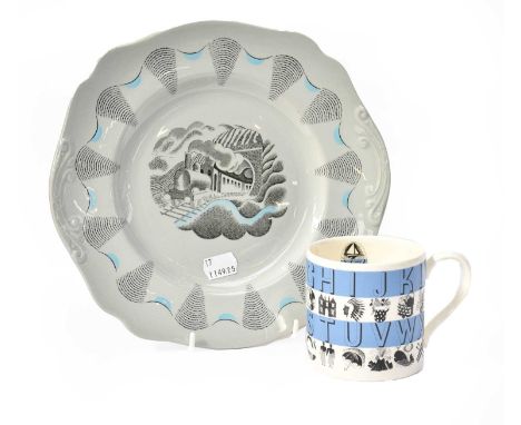 A 1920s Clarice Cliff Fantasque bowl, 22cm diameter, together with an Eric Ravilious for Wedgwood Travel pattern dish and a W