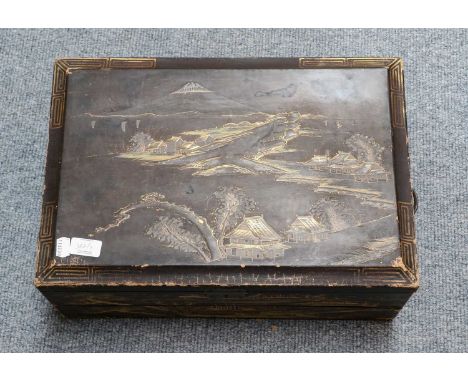 A Japanned writing slope togther with a collection of Edwardian lace walking sticks, parasol, opera glasses, Bryant &amp; May