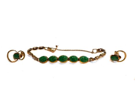 A jade type bracelet, stamped '14K', length 16.5cm; and a pair of jade type drop earrings, drop length 2.3cm, with post fitti