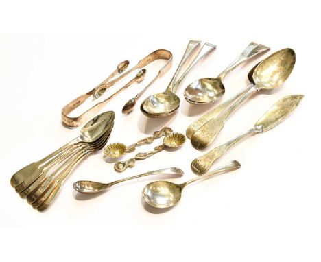 A Collection of George II and Later Silver Flatware, various patterns including Old English and Fiddle, total weight 20oz 9dw