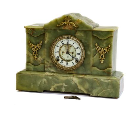 An onyx and gilt metal mounted eight day striking mantle clock, with visible anchor escapement, Ansonia Clock Company