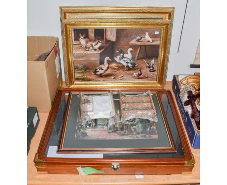 A glazed mahogany display case; two gilt framed colour prints after Edgar Hunt; a colour print of fishermen in a tavern inter
