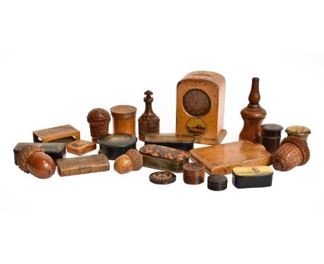 A quantity of 18th century and later treen including Mauchline ware money box, acorn form nutmeg graters, pounce pot, Tunbrid