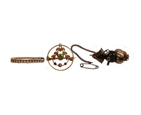 A peridot, ruby and split pearl brooch, stamped '15CT', measures 2.3cm diameter; a cultured pearl bar brooch, stamped '15CT',
