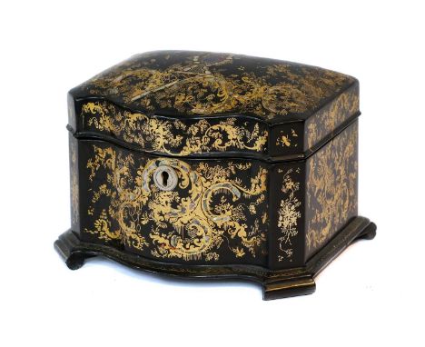 Victorian Papier-mache serpentine fronted tea caddy, with gilt decoration and mother of pearl inlay, 18cm wide