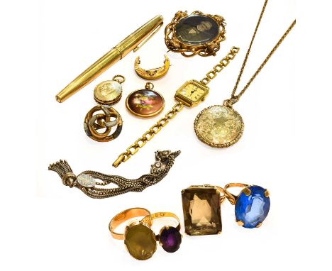 Two 9 carat gold rings; a ring stamped '585'; and another ring, marks rubbed; a pen; a locket; various brooches etcCondition 