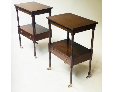 LAMP TABLES, a pair, George III design mahogany each with brushing slide, drawer and undertier, 44cm x 30cm x 63cm H. (2) 