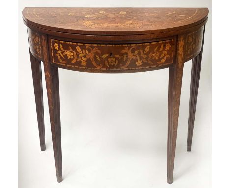 DUTCH CARD TABLE, 18th century mahogany and satinwood marquetry with demi lune foldover top and drawer, 82cm x 40cm x 73cm H.