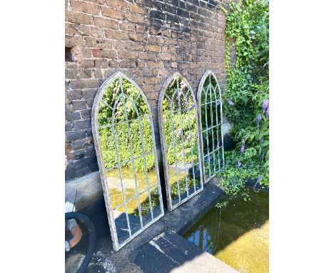 ARCHITECTURAL GARDEN MIRRORS, three, 158cm x 66cm, aged metal finish. (3) 