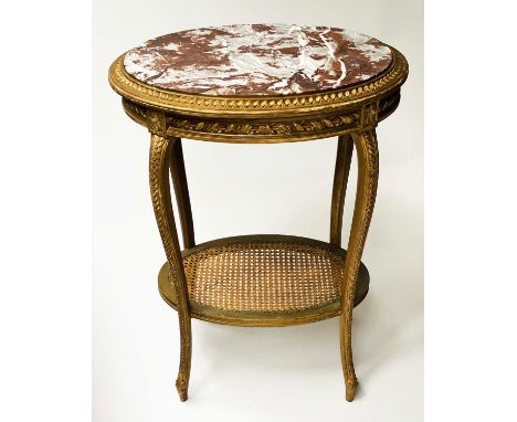 LAMP TABLE, 58cm W x 44cm D x 76cm H, early 20th century French giltwood, oval inset marble top with cane undertier. 