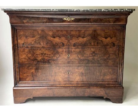 COMMODE, 19th century French, Louis Philippe burr walnut with marble top above four long drawers, 130cm x 66cm x 100cm H. 