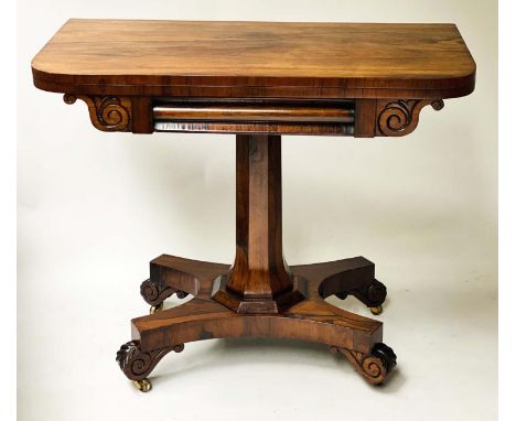 CARD TABLE, Regency rosewood with baize lined foldover top and facetted column, 90cm x 45cm x 74cm H. 