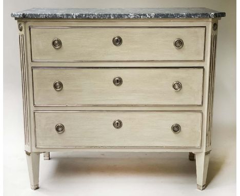 COMMODE, late 19th century Gustavian style grey painted and silvered metal mounted with three drawers, 48cm x 91cm x 81cm H. 