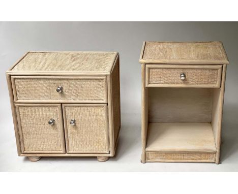 BEDSIDE/LAMP TABLES, two rattan and cane panelled each with drawer, one with doors and other open compartment, 50cm x 30cm x 