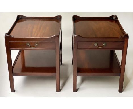 LAMP TABLES, 51cm W x 61cm D x 63cm H, a pair, George III design figured mahogany each with drawer and undertier. (2) 