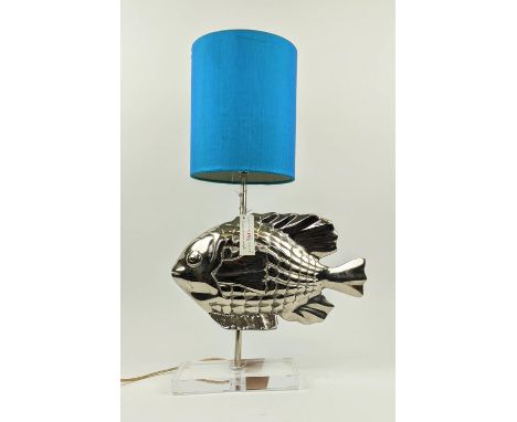 FISH LAMP, Graham and Green, polished metal with blue silk shade on plinth base, 63cm H (including shade) x 40cm. 