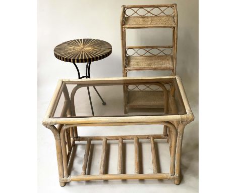 LOW TABLE, vintage rectangular rattan and cane bound with glass top together with a bamboo and cane étagère and a marquetry e