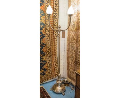 STANDARD LAMP, Art Deco silvered metal with double flambeau shades, reeded column, stepped base and paw supports, 185cm H. 