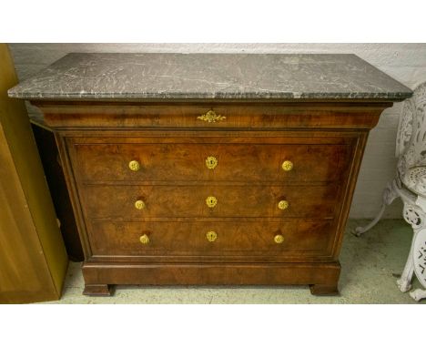 COMMODE, 125cm W x 96cm H x 55cm D mid 19th century French Louis Philippe burr walnut with a variegated grey marble top above