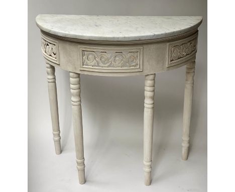 CONSOLE TABLE, 81cm W x 41cm D x 79cm H, French style, traditionally grey painted, demi lune with piered frieze and veined wh