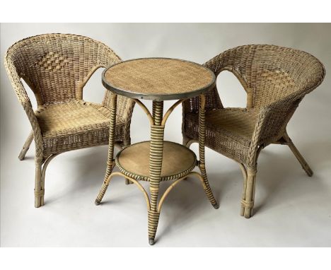 TERRACE SET ARMCHAIRS AND TABLE, a pair vintage rattan and cane bound together with a French circular café style green two ti