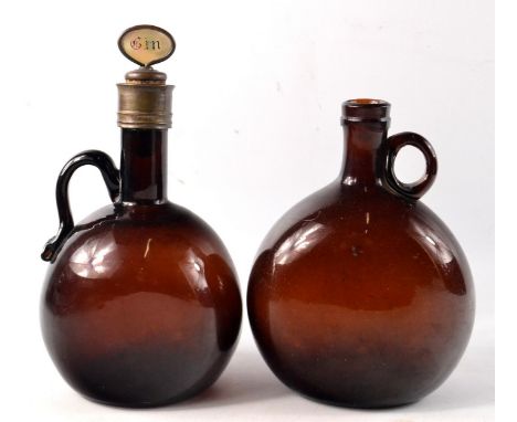 Two 19th century brown glass flasks, one with mother of pearl gin stopperW: 14cm and 12cm approx Gross weight approx 1.2kg