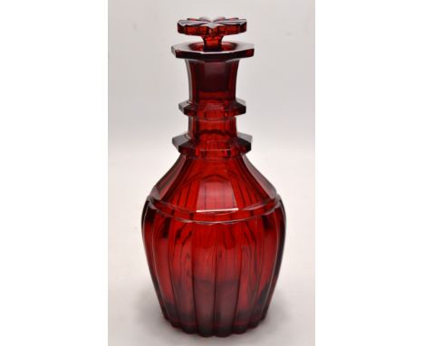 Vintage ruby glass decanter with it's stopper, in fair condition for age