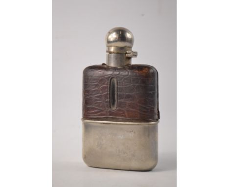 Vintage quality white metal spirit flask with half leather gripL: 12.5cm approx  W: 7.5cm approx 