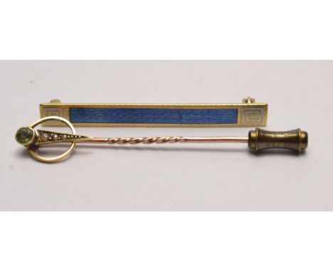 15ct pale green stone and seed pearl set pin and a 15ct blue enamel bar brooch