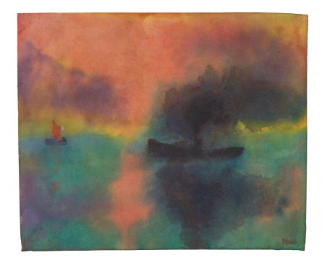 Emil Nolde, Abendmeer mit Segelboot und DampferAquarell auf Japanpapier. 21,6 x 26 cm. Unten rechts mit Tinte signiert 'Nolde