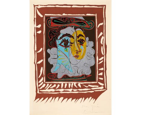Pablo Picasso, Portrait de femme à la fraise et au chapeauFarblinolschnitt auf Velin mit Wasserzeichen "Arches". 53 x 40 cm (