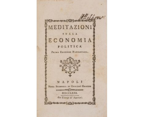 Economics.- [Verri (Pietro)] Meditazioni sulla Economia Politica, first Naples edition, title with decorative border and orna