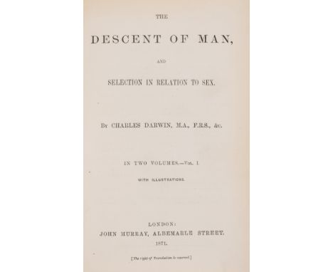 Darwin (Charles) The Descent of Man, 2 vol., first edition, second issue, wood engraved illustrations, lacking half-titles an