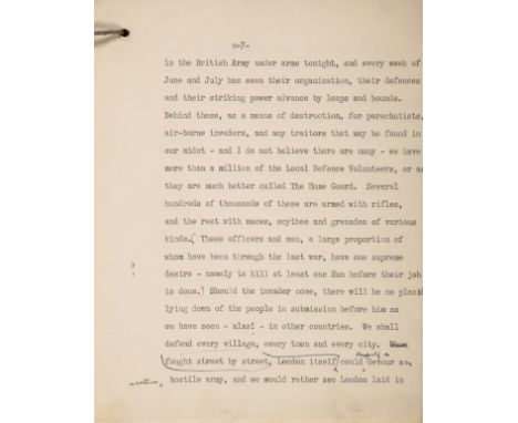 Churchill (Sir Winston Spencer) Draft typescript speech commencing "During the last fortnight the British Navy", 11pp. one si