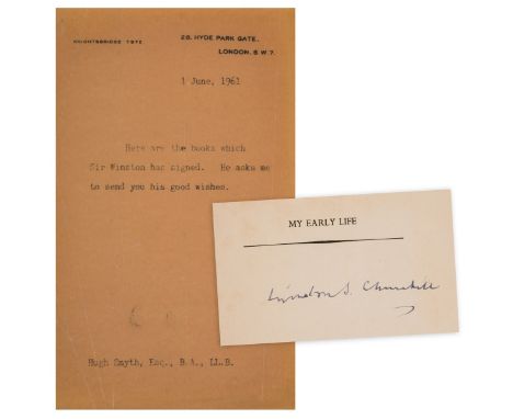 Churchill (Sir Winston Spencer) My Early Life. A Roving Commission, reprint, signed by the author on half-title, typed note d
