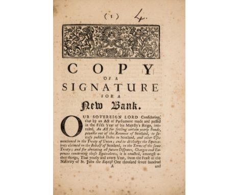 Royal Bank of Scotland.- Copy of a Signature for a New Bank, 35pp., first edition, drop-head title with woodcut head-piece, w