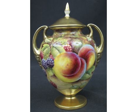 ROYAL WORCESTER BALUSTER TWO HANDLED VASE AND COVER, shape no. 2701, painted with fruit and foliage by Bryan Cox, black print