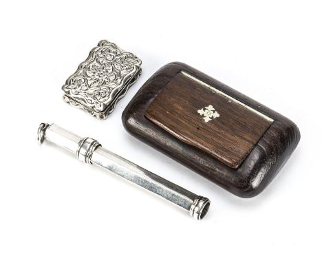 A Victorian silver vinaigrette by RM, together with a silver pencil holder and a wooden snuff box (3) 