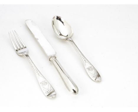 A Victorian silver three piece eating or christening set from West &amp; Son, the spoon and fork dated Dublin 1879 and the kn