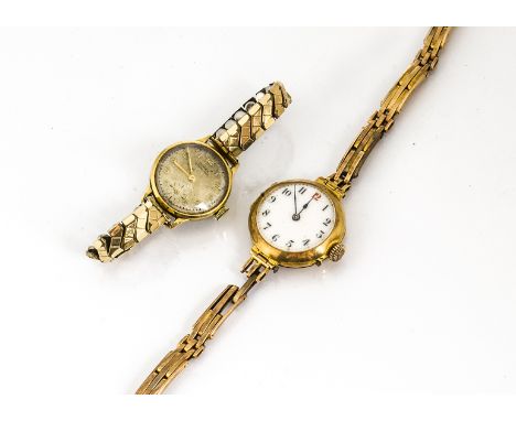 Two vintage 18ct gold cased ladies wristwatches, one older trench style on a 15ct gold bracelet, 21.5g and the other by Buren