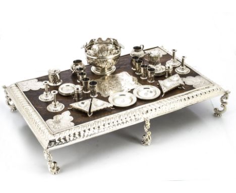 A miniature Queen Anne style Britannia silver and oak banquet table, together with a collection of miniature tableware items 