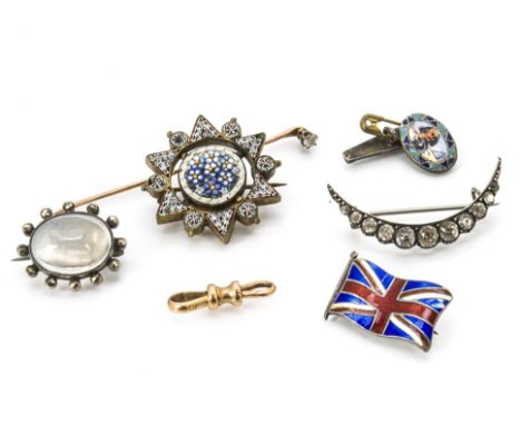 A small diamond stick pin, a glass opalescent silver set brooch, micro mosaic brooch, silver and enamel union flag brooch and