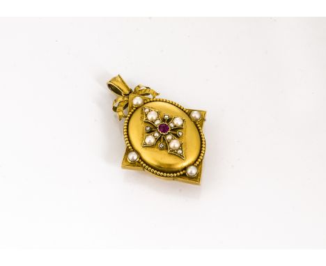 A Victorian yellow metal ruby, pearl and diamond oval locket, with four triangular chevrons to twelve, three six and nine wit