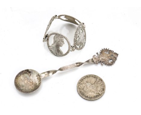 A vintage Maria Theresa thaler coin bracelet, together with a spoon created from a Maria Theresa thaler and a Maria Theresa t