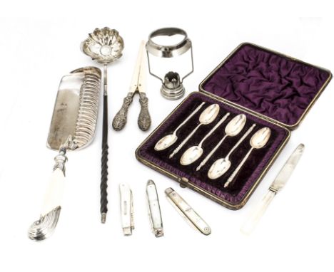 A collection of Georgian and Victorian and later silver and silver plated items, including a basting spoon, a set of six teas