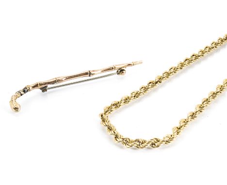 A 9ct gold rope twist necklace, a Victorian gold brooch in the form of a walking stick, 11g (af) (2) 