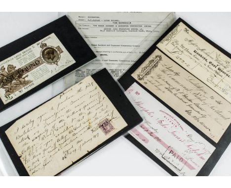 A folder containing bank notes and ephemera, including a letter from Margaret Thatcher, pre-postage letters, a penny red, Bri