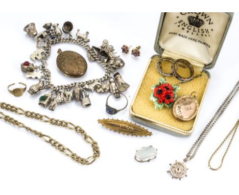 A quantity of gold, silver and paste set jewels, including a Victorian 15ct gold bar brooch, 3g, Chester 1900, two oval locke