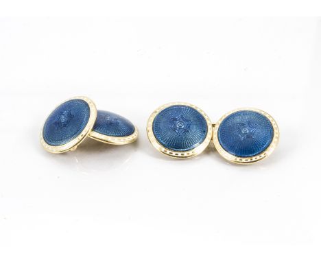 A pair of 18ct gold continental enamel cufflinks, the circular panels with engine turned decoration under blue enamel within 